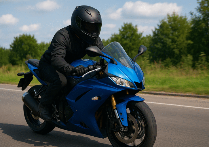 motocyklista jadący na niebieskim sportowym motocyklu