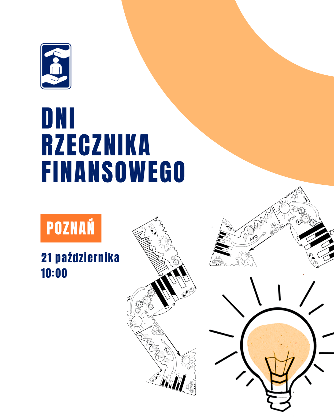 żarówka i dwie strzałki z napisem Dni Rzecznika Finansowego Poznań 21 października