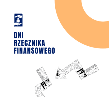 2 strzałki w formie ekierki na białym tle, niebieski napis Dni Rzecznika Finansowego