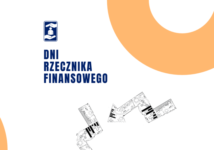 2 strzałki w formie ekierki na białym tle, niebieski napis Dni Rzecznika Finansowego