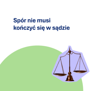 waga na na tle fioletowego kółka z napisem spór nie musi kończyć się w sądzie