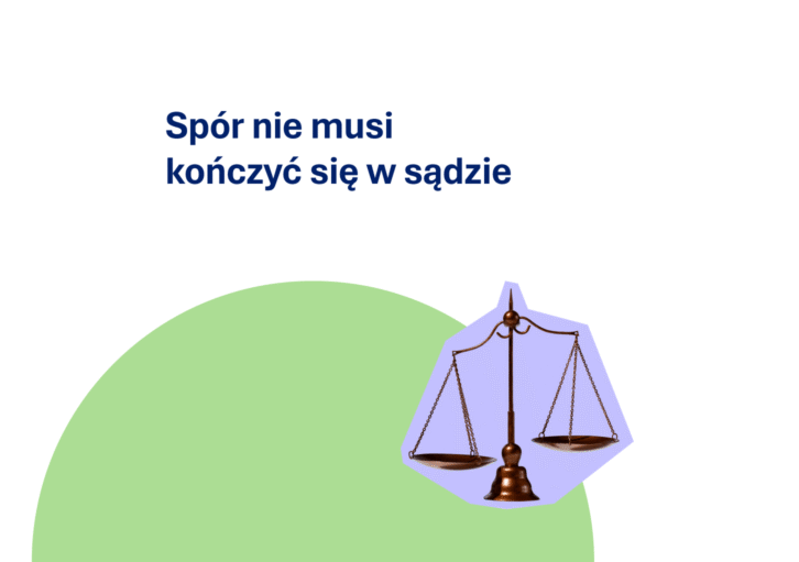 waga na na tle fioletowego kółka z napisem spór nie musi kończyć się w sądzie