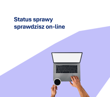 na fioletowym tle laptop z 2 dłońmi i napisem: ,,Status sprawy sprawdzisz online