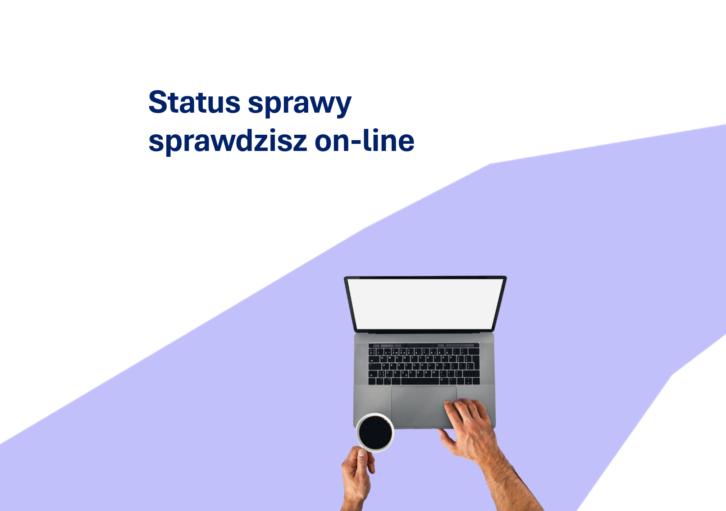 na fioletowym tle laptop z 2 dłońmi i napisem: ,,Status sprawy sprawdzisz online
