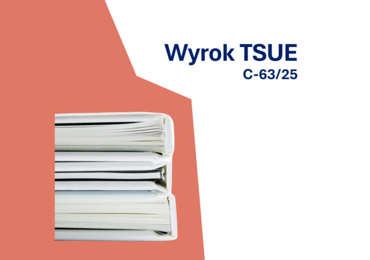 stos książek na czerwonym tle z napisem Wyrok TSUE c-63/25